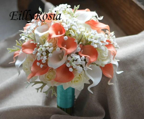 Fiori del matrimonio Eillyrosia Coral Color White Calla Lily Real Touch Bridal Bouquet per il respiro della damigella d'onore Ramos de Flores