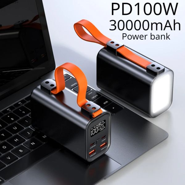 Chargers 30000mAh PD100W Banco de energia portátil PowerBank Charge de bateria externa de carregamento rápido para iPhone 14 Laptop Notebook USBC