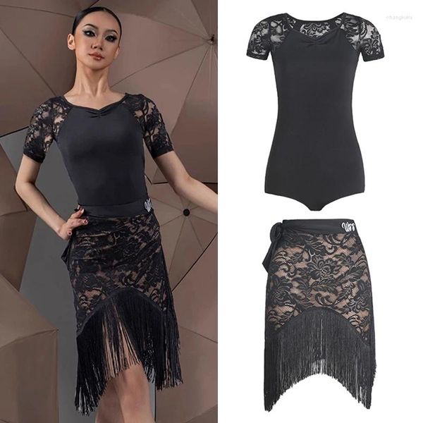 Abbigliamento da palco abiti da danza latina da donna maniche corte per adulti praticano abbigliamento in pizzo nero tops gonna rumba cha vestito salsa dnv20272