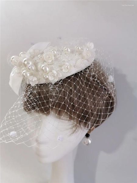 Beralar Beyaz Yay Mesh İnci Akşam Partisi Cap Victoria Cosplay Medieval Hats Vintage Girls Bohemia Düğün Çiçek Chapeau