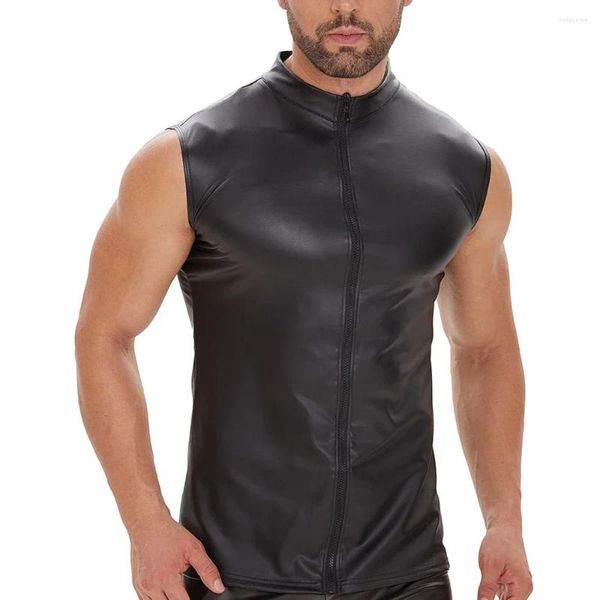 Tops canotte maschile palestra fitness in pelle manica con cerniera maglietta sportiva muscolo giubbotto da festa maschio club indossare carri armati top sexy