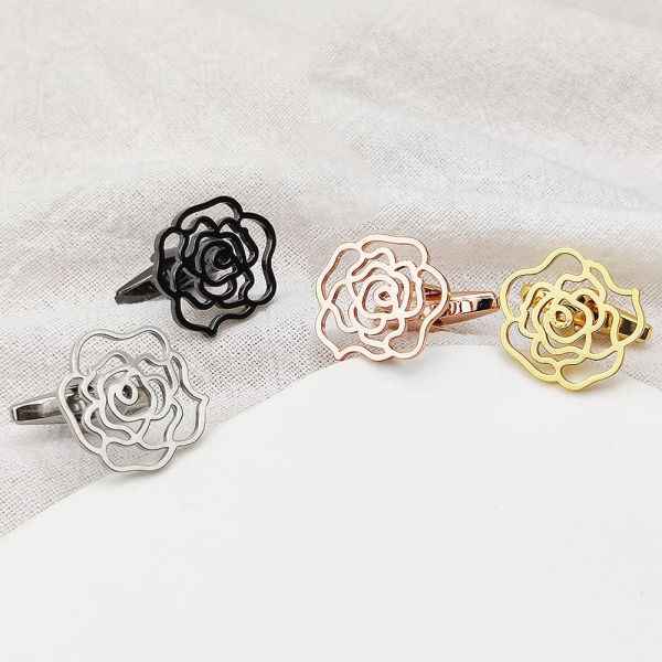 Links 1 Paar Qualität Gold Farbe Rose Blumen Manschettenknöpfe für Frauen Neu personalisieren Hollow Design Französisch Hemd Manschetten Herrenanzug Accessoires