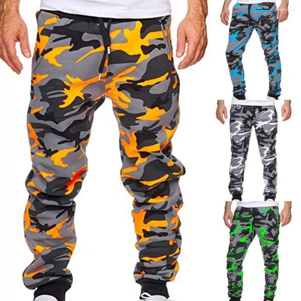 Calça masculina homens casuais homens coloridos esportes de camuflagem de camuflagem calça de cargo de cargo cintura elástica