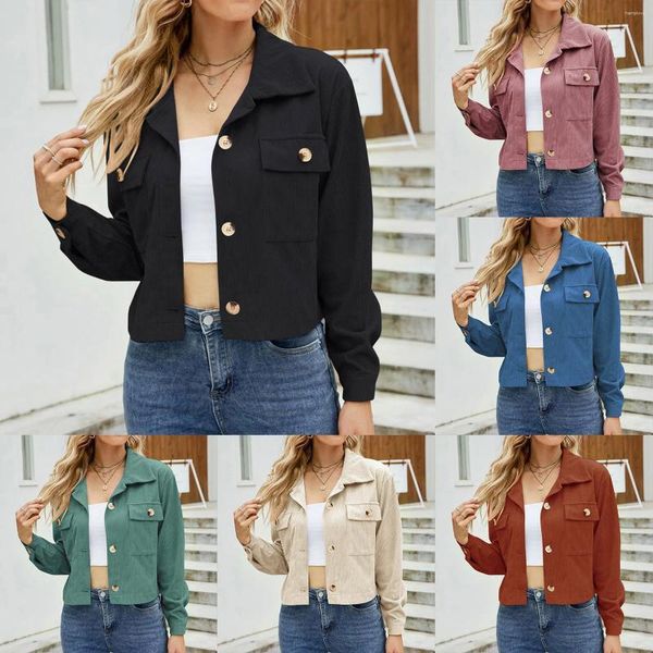 Frauen Blusen Frauen lässige Cord -Strickjacke Top Dicke dicke Farbe Doppelpocket Short Shirt Jacke Weibliche Button -Hemden Frühling