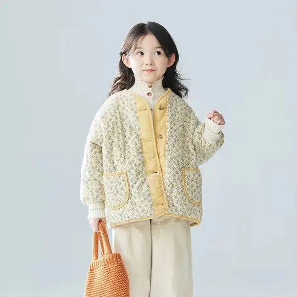 Jackets Moda coreana 2024 Crianças estilo coat de algodão impressão impressão curta sobretudo caneca floral de pelúcia floral jacket single de inverno