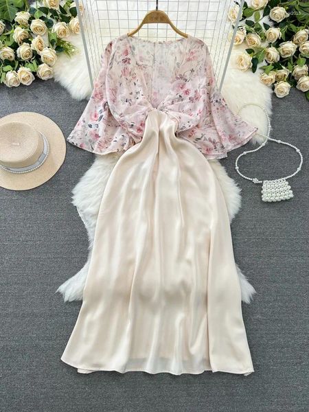 Lässige Kleider Frauen Sommer Vestidos High-End-Temperament Lautsprecher kurzärmelig V-Ausschnitt Floral Chiffon Patchwork Bund A-Line Kleid D5817