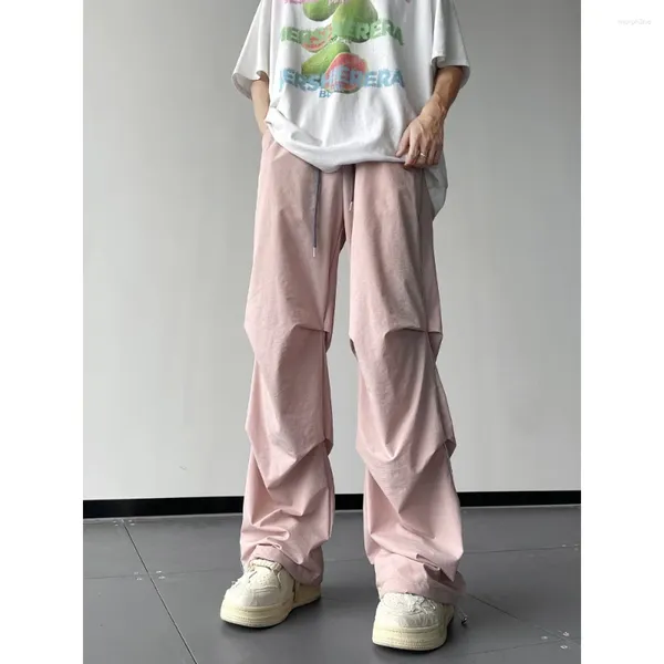 Pantaloni maschili americani High Street Pink Cargo Parachute Men Summer Silk Ice Silk Sleo Overszed Couple Maxons Techwear