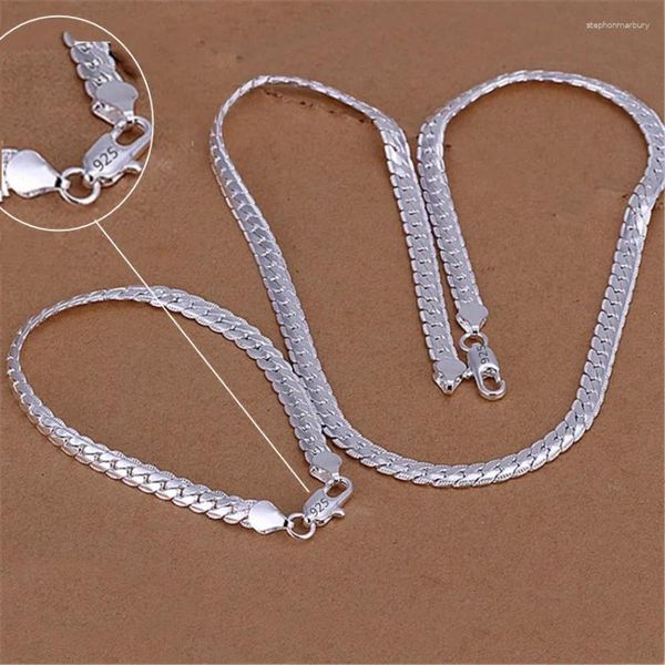 Halskette Ohrringe Set silberne Farbe Weihnachtsgeschenke Europäischer Stil 6mm flache Kette Armbänder Mode für Mann Frauen