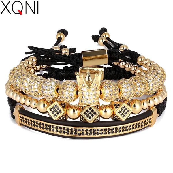 XQNI 3PCSSET Punk CZ Micro Pave Bracelete de contas de coroa para homens Mulheres trançadas Cadeia Cadeia de Luxúria Jóias Ressimensiona 1625cm 240423