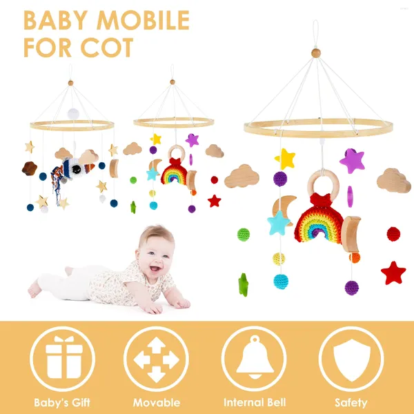 Dekorative Figuren Baby Musical Crib Mobile Holzhängebett mit Filzkugeln Wolkenstern Holz gehäkelt geborenes Spielzeug Kinder