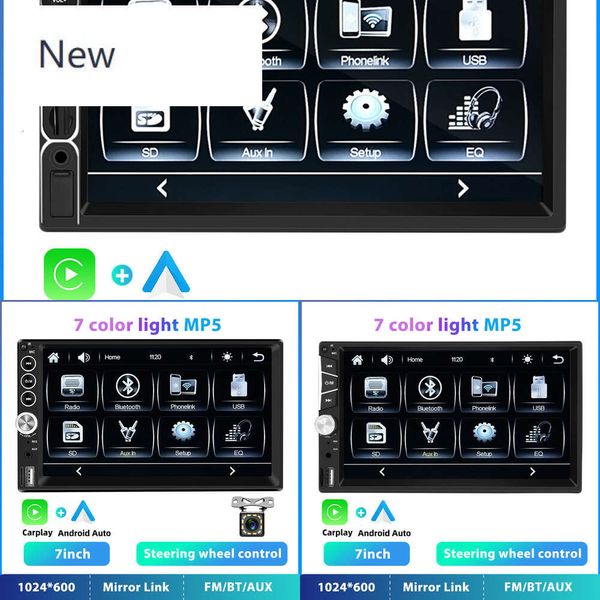 Nuova 2 Din Stereo Radio CarPlay 7 '' touchscreen Universal Car Player Multimedia Bluetooth FM TF/USB Visualizza posteriore Camera