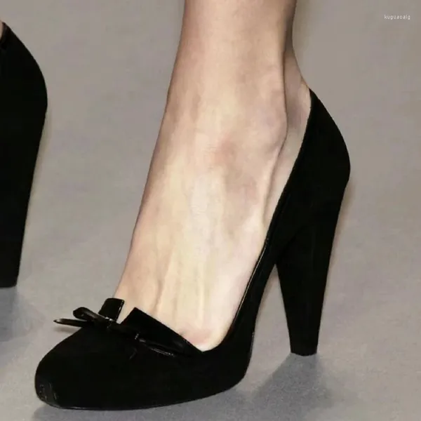 Elbise Ayakkabı Siyah Vintage Yay Pompaları Başak Yüksek Topuklu Yuvarlak Toe Süet Üst Eşsiz Zarif Kadınlar Yaz Slig Sıraslı Ofis Bayan