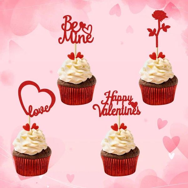 Partyversorgungen 12pcs Valentinstag Kuchen -Toper Red Love Rose Papierkarten Dekoration Vorschlag Cupcake Insertion Back