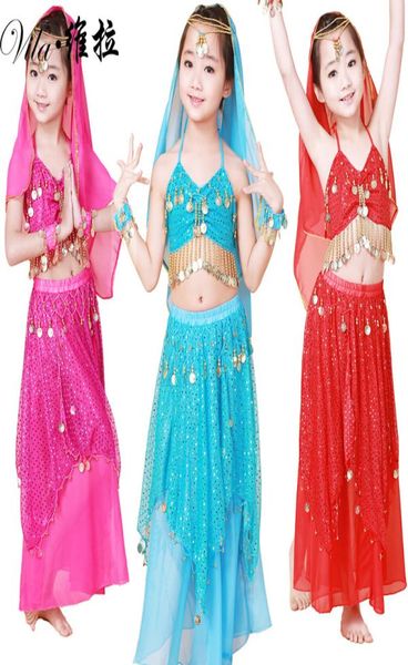 Детский танцевальный костюм для живота носить детские танцевальные детские дети подарок индийский танец 4pcs topskirtheadbandbracelet5 colors4231236
