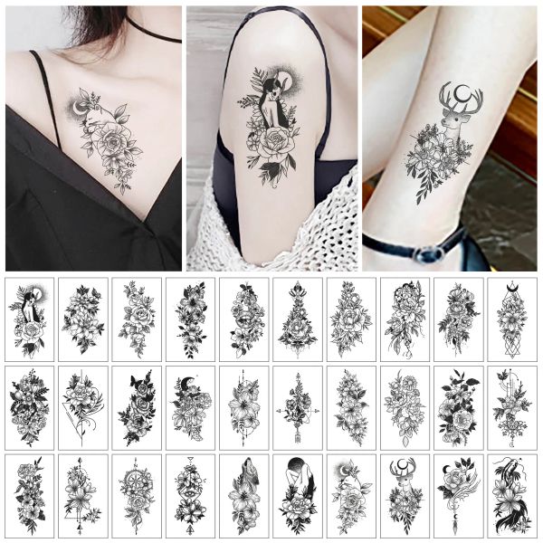 Tatuagens 30pcs Esboço de flor Tattoo temporário adesivo preto e branco cobrar rosa rosa pequena e fresca de penhas com tatuagem de tatuagem