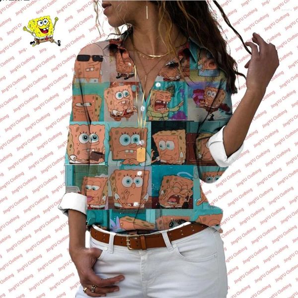 Frauenblusen 2024 Ladies Shirt 3D Print hoher Qualität lang -schwacher Mode Top Schwamm Baby Cartoon Revers