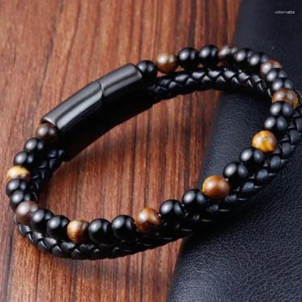 Pulseiras de charme pulseira de pedra natural genuína couro trançado preto aço inoxidável aperto magnético tigre olho bagad bangle jóias