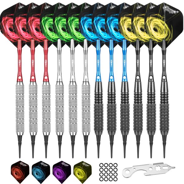 Darts CiEelfe 17+18g Punta di plastica Darts 12 pacchi con 4 colori alberi di alluminio+anelli in gomma+100 punti morbidi+strumento+12 combattimenti