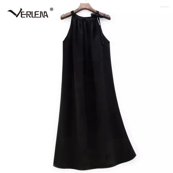 Vestidos casuais arco decorado colarinho de cabrela preto vestido de seda de amoreira pura para mulheres 2024 Sexy sem mangas de cetim cetim roupas de verão de verão