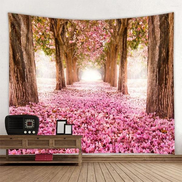 Taquestres Flor de cerejeira Paisagem florestal parede de tapeçaria Holding Sala de estar decoração de tecido grande arte