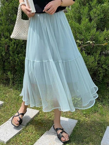 Gonne Fashion Long Tulle Skirt Women 2024 Summer Mesh A Line Midi Purple Black High Waist Maxi Female pieghettata