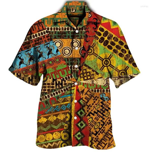 Herren lässige Hemden farbenfrohe Böhmen afrikanische Grafik für Männer Kleidung Mode Herren Kurzarm Y2K Lapel Bluse Sommer Beach Tops