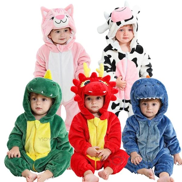Tek parçalar bebek pazen romper için kız çocuk Noel kostümü kış hayvan kedi dinozor tulum bebek peluş pijama kıyafetleri ropa bebe