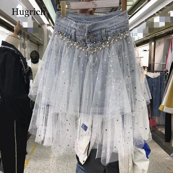 Saias de mamãe de malha de jeans de malha de malha de renda de renda de renda de renda de altura Uma linha Chic gótico de tulle gótico de tule assimétrico