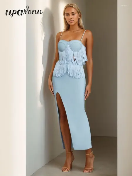 Lässige Kleider 2024 sexy Frauen Quaste Quasten Verbandskleid Spaghetti -Gurt ärmellose Bodycon Midi Promi Cocktail Abendparty Vestidos