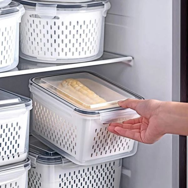 Mülleimer Küchenkühlschrank Organizer Gemüse Obst Lebensmittel Kühlschrank Aufbewahrungsbox Doppelabfluss versiegelter Behälter abtropfen Korb Küche Gegenstände