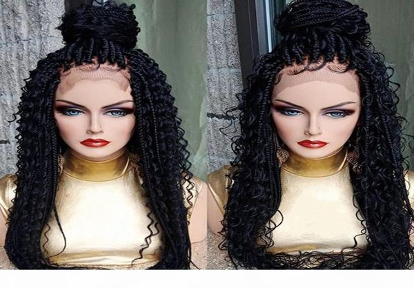 Long Black Brown Ombre Color Braid Wigs para mulheres negras Lace Front Cornrow Suriled Wigs Synthetic Hair Kinky Curly Lace Fron3866998