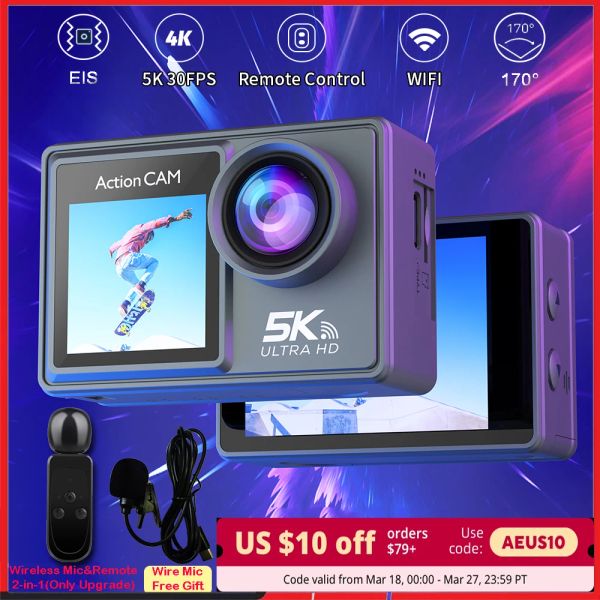 Câmera de ação de câmeras 5k 4K60FPS Dual IPS Touch LCD EIS 170 ° 30m Impermenda 5x Zoom Go Sport Pro Camera com controle de micro -moto sem fio