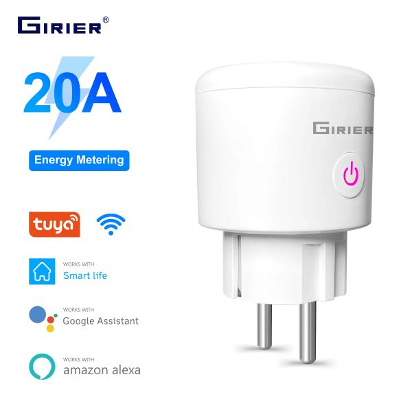 Plugs 20a tuya wifi smart plug eu com monitor de potência função smart vida app controle remoto socket sockets trabalha com o Alexa Google Home