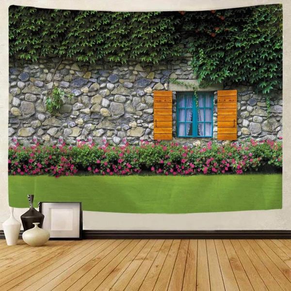 Finestra arazzi come paesaggio Arazzo muro di mattoni dipinto di pittura arte decorazione arte camera da letto tessuto