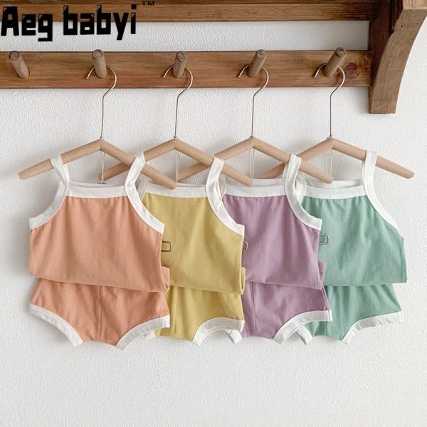 Наборы лето новое прибытие Baby Unisex Set Kid Boy Simple рукавиц футболка девочка сексуальная шлинг -футболка + сплошные хлопковые шорты спортивный костюм