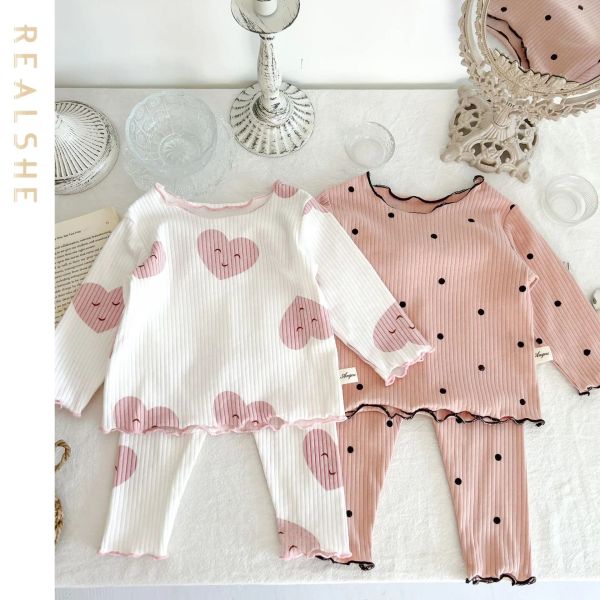 Sets Sets Home Clothes Pama Herbst Neues Baby Langarmedimen Pit Strip Rippen Pamas Foppelanzug Kinder Schlafkleidung Schlafkleidung