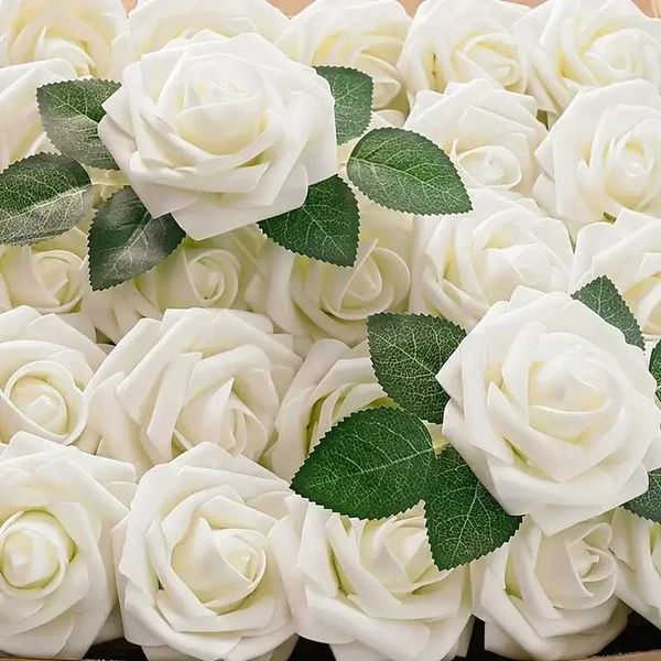 Faux Floral Greenery 25pcs Artificial FlowerReal Touch Milk Roses Branco Arranjo de Flor Sala de Casamento Casamento Decoração do Escritório T240422