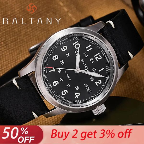 Relógios Baltany Vintage Homenação Mecânica Vintage Relógios NH35 Sapphire Automático Calendário Militar Campo de Campo Militar RELOJ HOMBRE