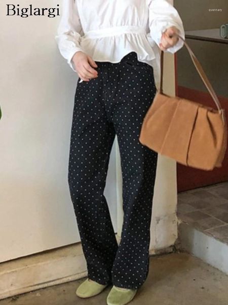 Frauen Jeans hohe Taille Frühling Sommer Polka Dot Print Hose Frauen Freizeitmodet Falten Ladies Hosen koreanische Frau Straight Hosen