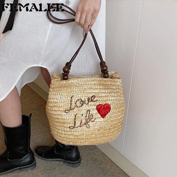 TOTES Femalee Love Life Heart Heart Women Örgülü Koltuk Çantası Büyük Saman Taşınabilir Omuz Yaz Plajı Çanta Bohem Alışveriş Tote