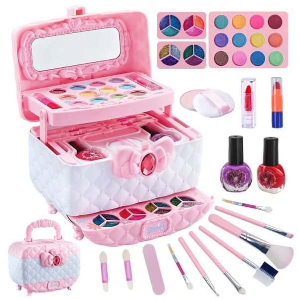 Defina a caixa de kit de maquiagem infantil para iniciantes garotinhas realmente laváveis kits de maquiagem úteis para meninas beleza estética de transporte cosmético