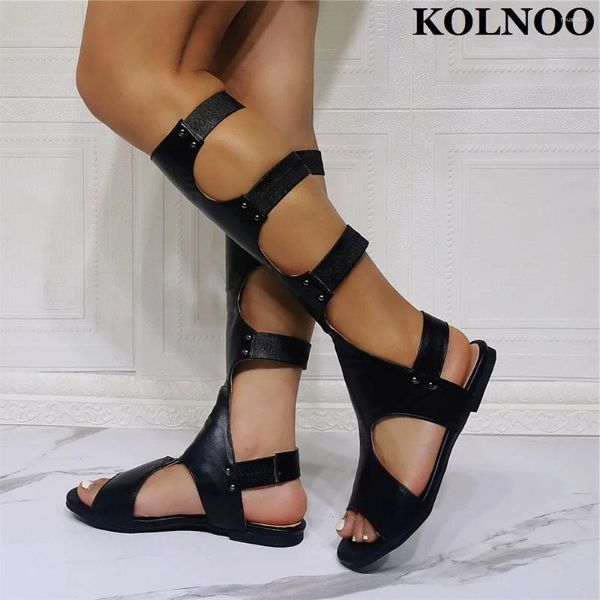 Sapatos casuais kolnoo festejo feminino de feminino sandálias pretas de couro falso de pele aberta de verão