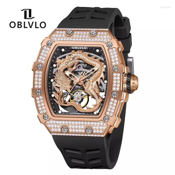 Armbanduhr Oblvlo 3D Drache Automatische Mechanik Uhr für Männer hohl transparente Armbanduhr Sapphire Glas leuchtend wasserdicht