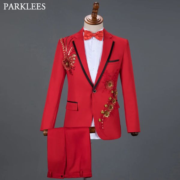 Camisas Red Diamond Floral Men Terno Para Menores de Casamento 3 Peças Blazer+Pant+Tie Bow Fashion Tuxedo Men Terne Staw Stage traje Homme