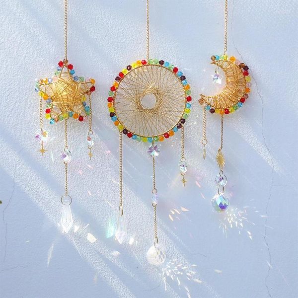 Figurine decorative Rainbow Crystal Sun Catcher Moon Star Wind Chime Copant Outdoor Garden Light Catching Home Decoration Wholesale all'ingrosso