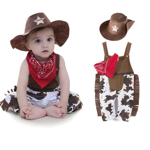 Set di abbigliamento per bambini neonati per bambini set di abbigliamento da cowboy cappello da cowboy+sciarpa+pagliaccio carnival fantasia abito fantasia costume da festa