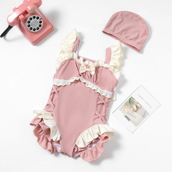 Badebekleidung 1 Stück Korean Fashion Baby Badeanzug für Mädchen rosa beige Farbbow Kleinkind Girls Badebekleidung Hut Set Summer Kinder Mädchen Kleidung