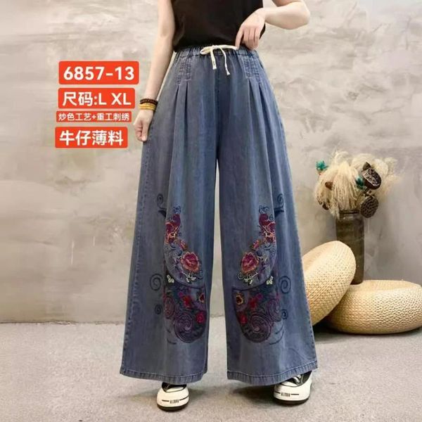 Jeans femininos 2024 Women Spring Summer Summer Vintage Lavado Bordado Bordado Bordado Floral Autrestramento Longo Tide Denim Ponta de perna larga