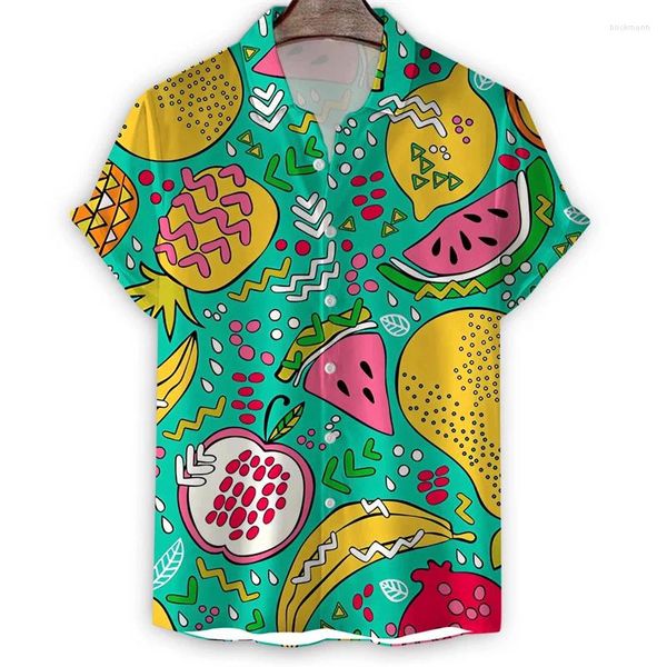 Camisas casuais masculinas Frutas de desenho animado 3D Camisa havaiana Hawaiian Men Banana Watermelon Penapple Padrão de abacax