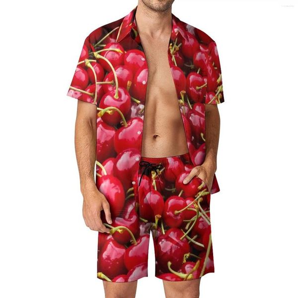 Traccetti da uomo per le tracce di ciliegie rosse stampa spiaggia set da uomo simpatico frutta set di camicia casual set estate cortometraggi per due pezzi abiti retrò più dimensioni